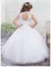 Beaded White Lace Tulle Keyhole Back Ankle Length Flower Girl Dress